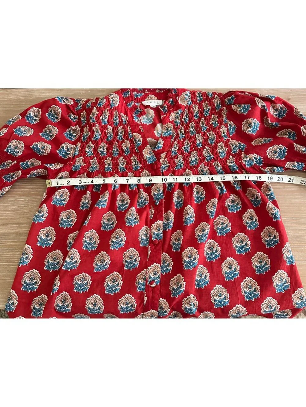 THML smocked block print short sleeve top - Red - Small - Picture 3 of 5